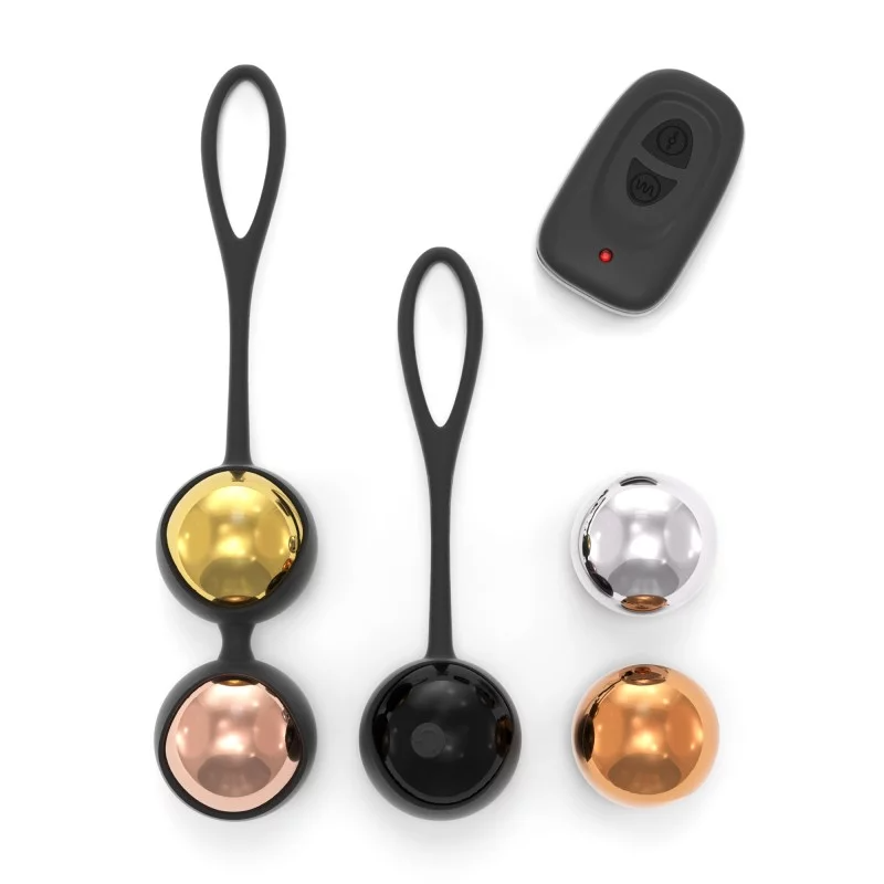 Pelvic training balls with remote, in gold, copper, and black finishes.