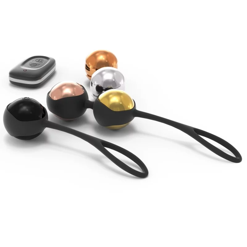 Black, copper, gold, and silver vibrating pelvic training balls with black handles.