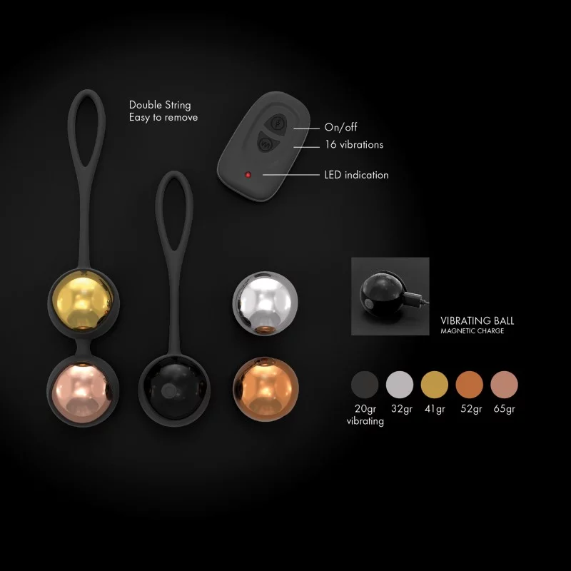 Pelvic training balls with remote, in gold, copper, black, and silver colors.