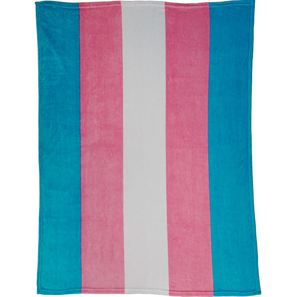 Transgender pride plush fleece blanket with blue, pink, and white stripes.