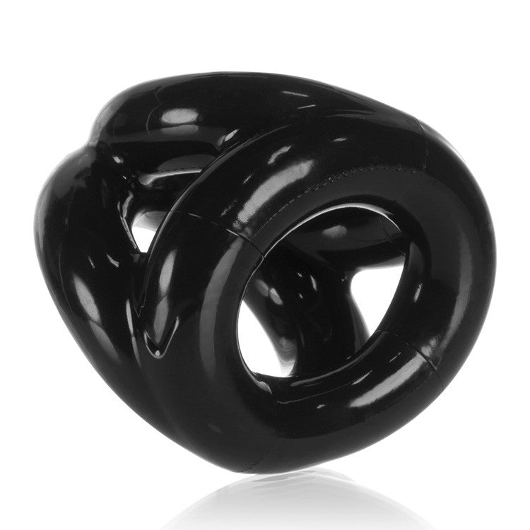 Black stretchy cocksling with three conjoined rings.