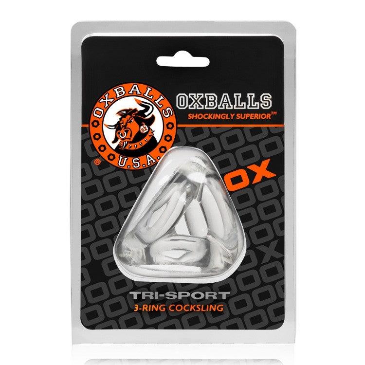 Clear, triangular tri-sport 3-ring cock sling by Oxballs.