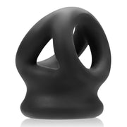 Black silicone cock ring and ball stretcher with a unique tri-hole design.