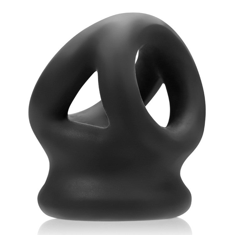Black silicone cock ring and ball stretcher with a unique tri-hole design.