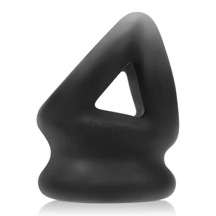 Black silicone cock ring and ball stretcher with a triangular opening.