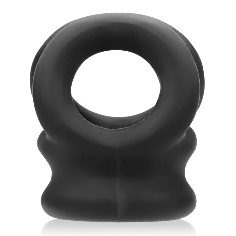 Black silicone cock ring and ball stretcher with a contoured shape.