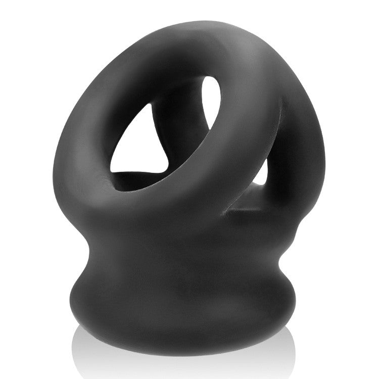 Black silicone cock ring and ball stretcher with a twisted design.