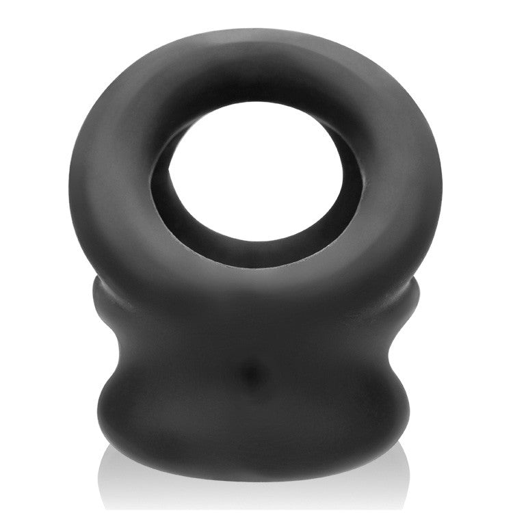 Black silicone cock ring and ball stretcher with a textured, contoured design.