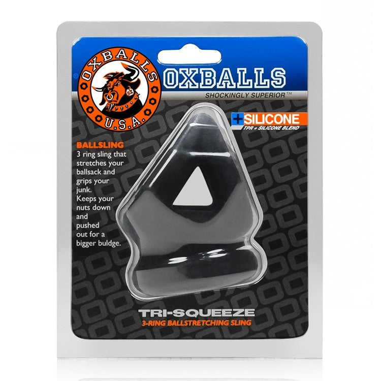 Black Tri-Squeeze silicone ball stretcher and cock ring by Oxballs.