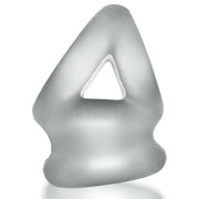 Clear silicone cock ring and ball stretcher with a triangular opening.