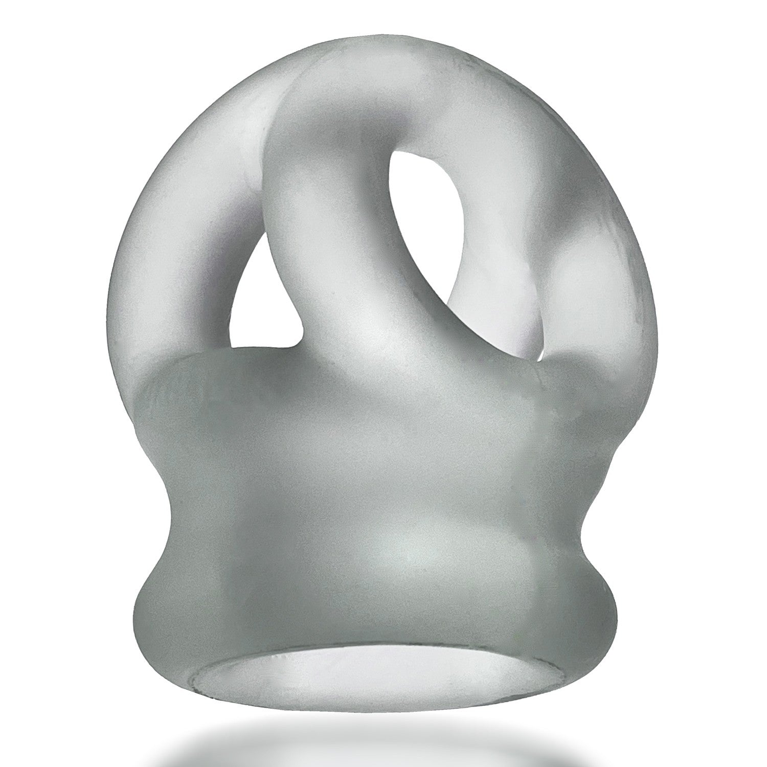 Clear silicone cock ring and ball stretcher with a twisted design.