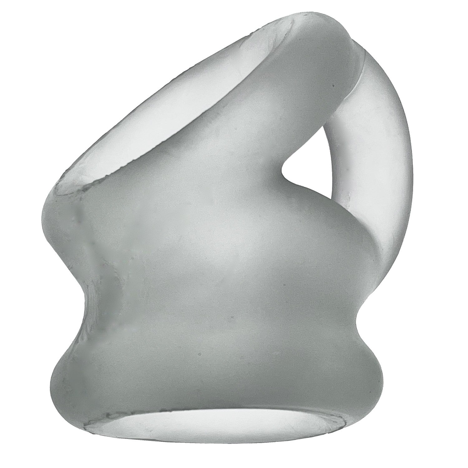 Clear silicone cock ring and ball stretcher with a unique shape.