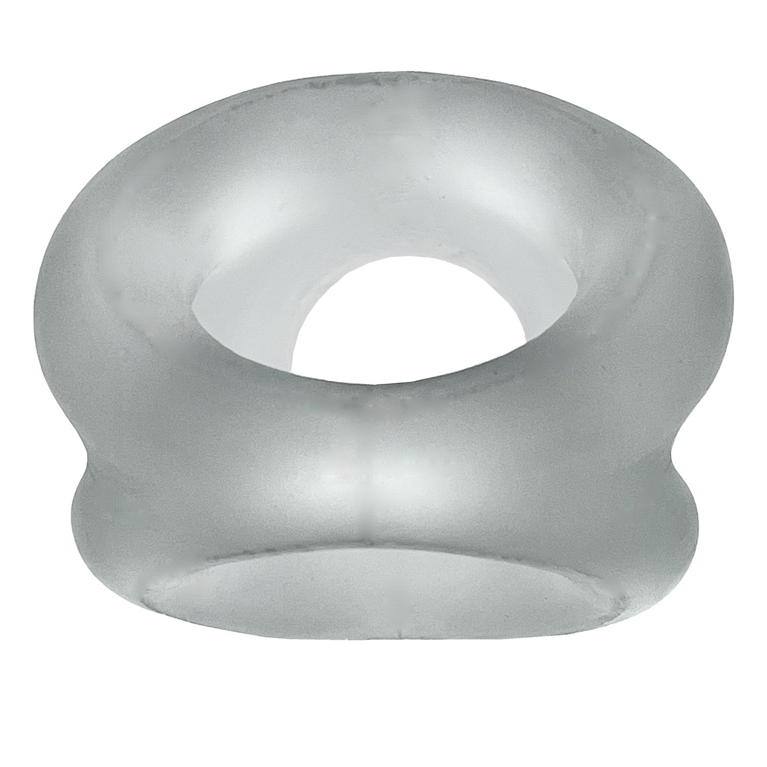 Clear silicone cock ring and ball stretcher with a rounded, hourglass shape.