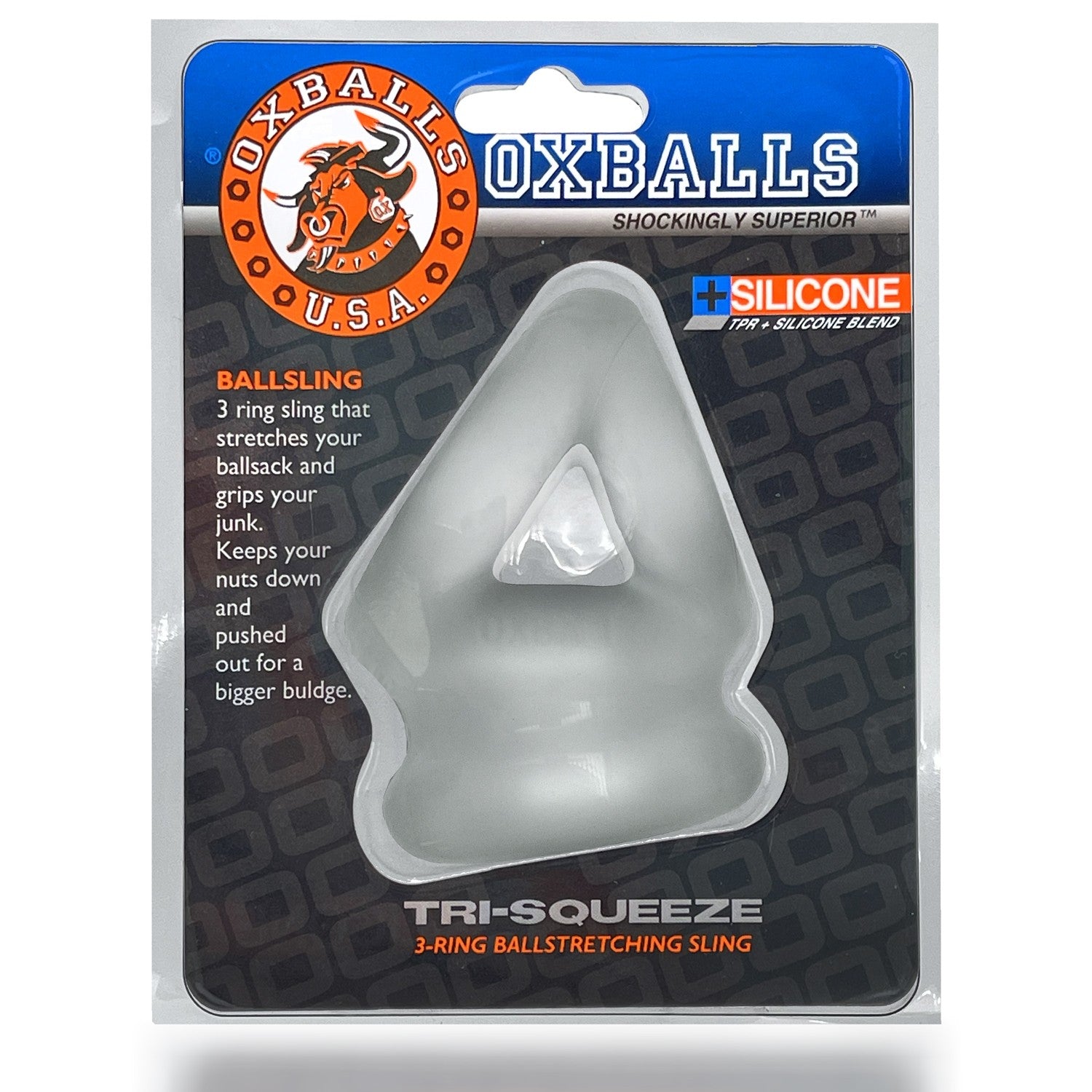 Clear silicone Tri-Squeeze ball stretcher with Oxballs branding.