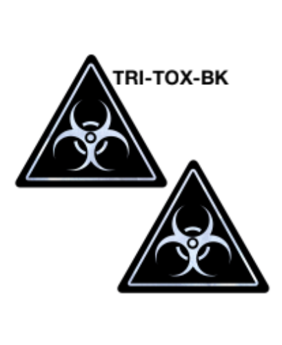 Black triangle nipple pasties with toxic symbol and text "TRI-TOX-BK".
