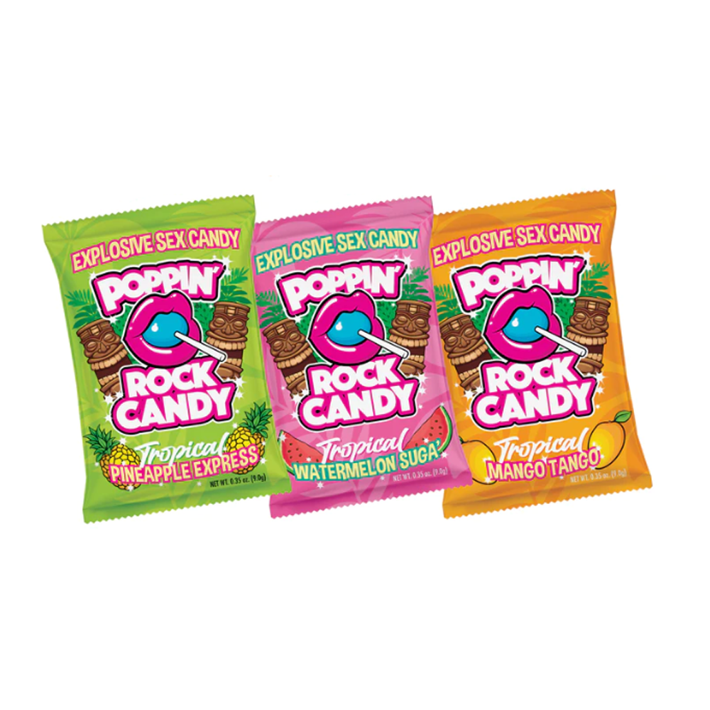 Three packs of Poppin' Rock Candy in tropical flavors: Pineapple Express, Watermelon Suga, and Mango Tango.