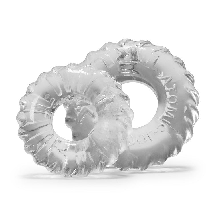 Two clear stretchy cock rings with textured edges.