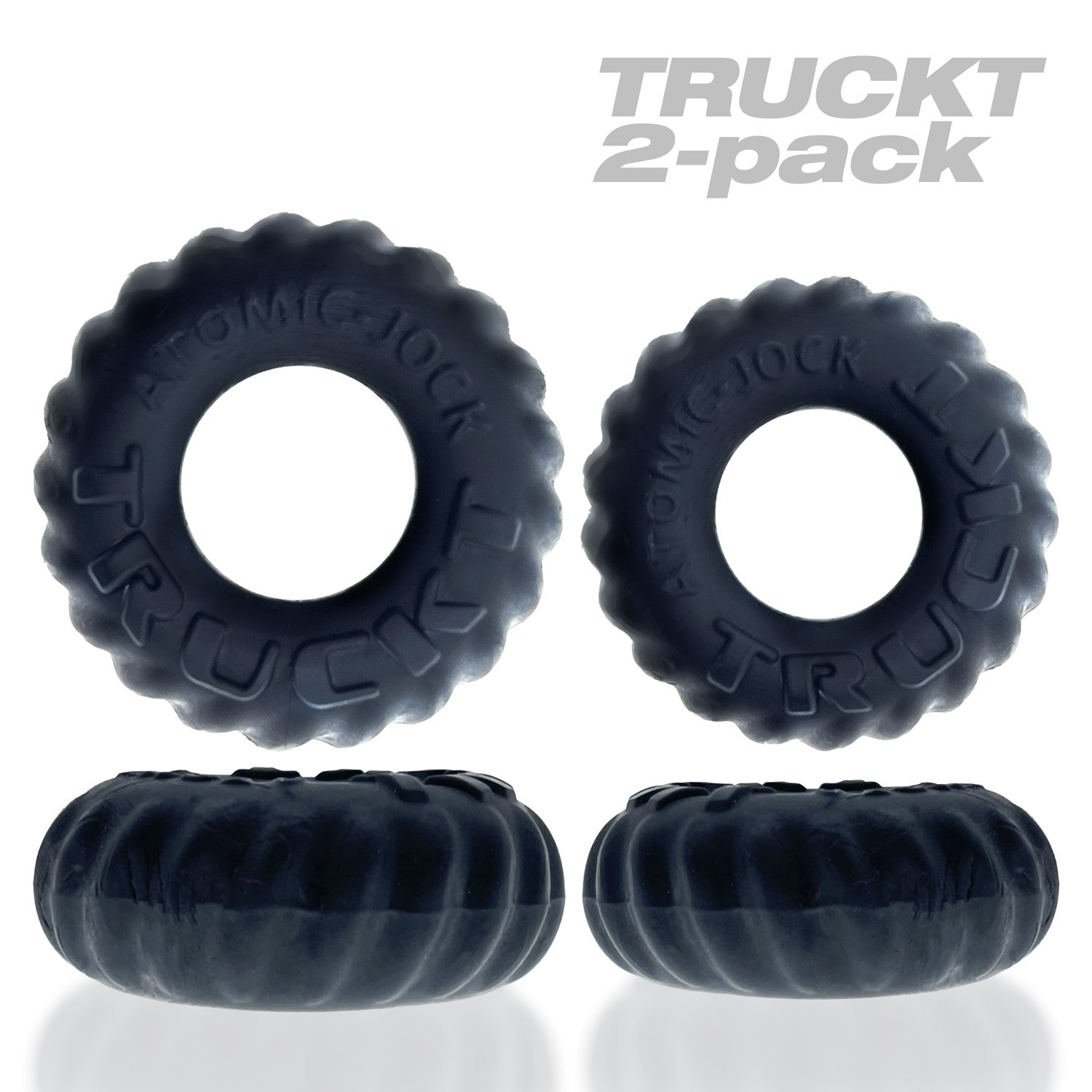 Two black silicone cock rings with a tire tread design.