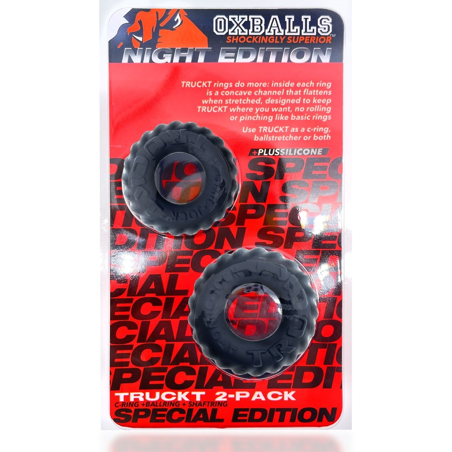 Two black stretchy silicone cock rings with a tire tread design.