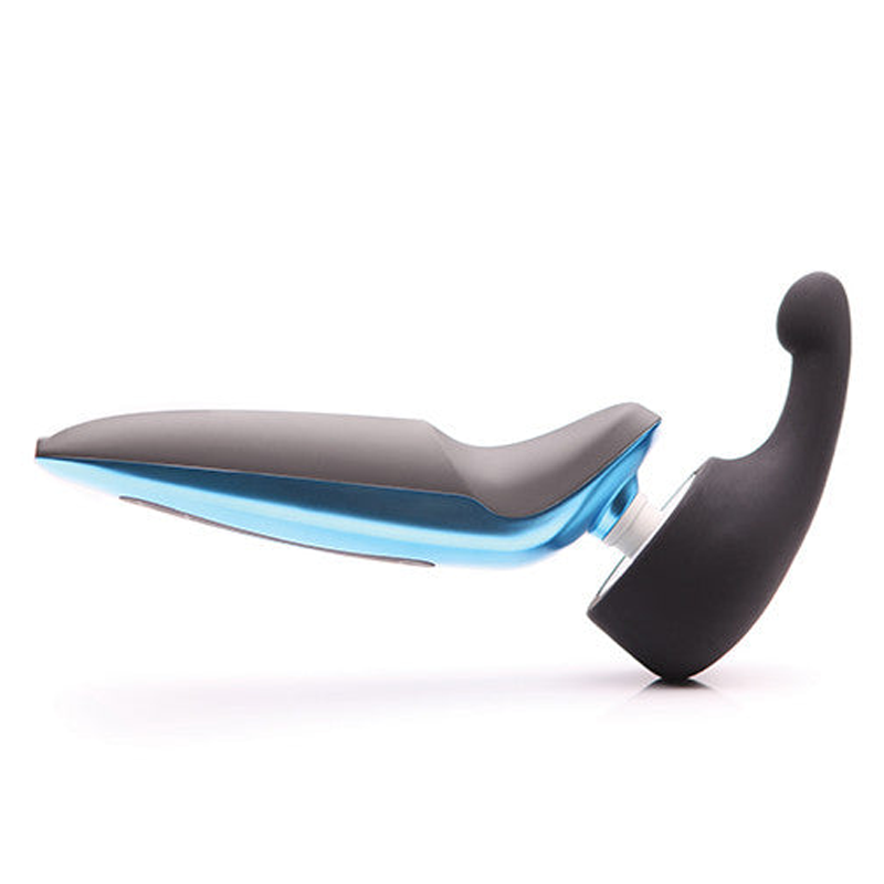 A black and blue silicone attachment with a curved head.