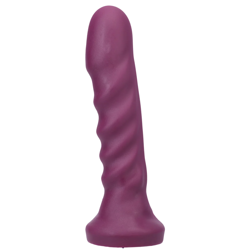 Purple rippled silicone vibrator with suction cup base for G-spot and prostate stimulation.