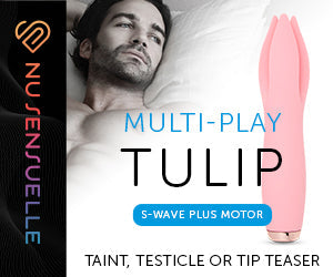 Pink silicone vibrator with three petals and a handle.