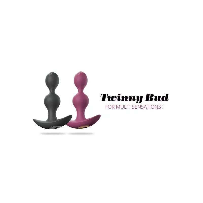 Two vibrating anal plugs, one gray and one pink, with the text "Twinny Bud FOR MULTI SENSATIONS!".