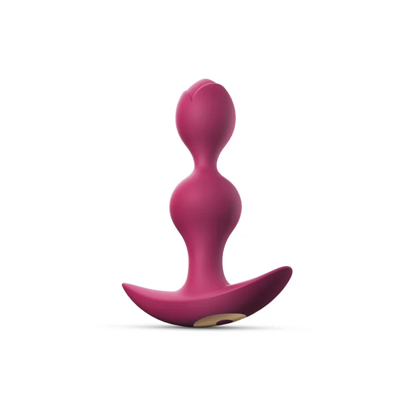A pink silicone vibrating anal plug with a flared base.