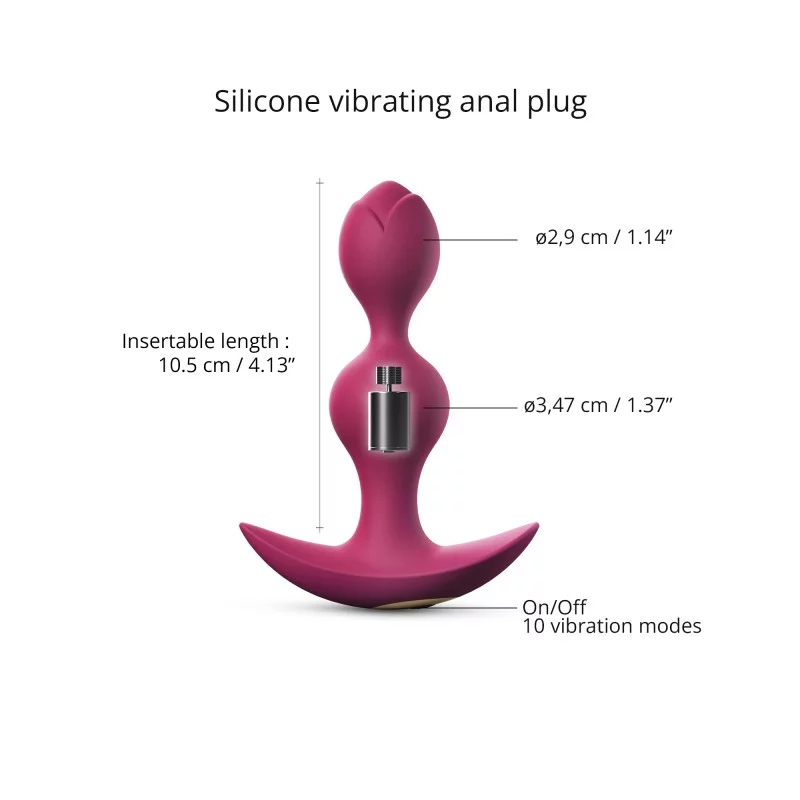 Silicone vibrating anal plug with dimensions and vibration modes.