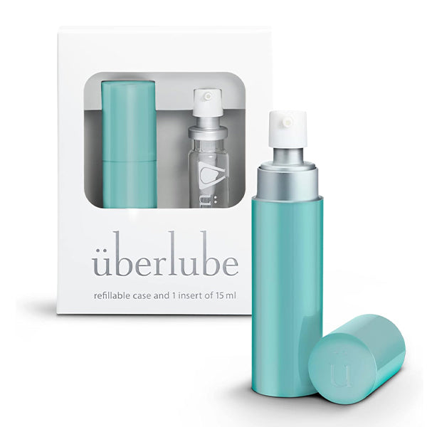 Aqua refillable lubricant case with a pump dispenser and cap.