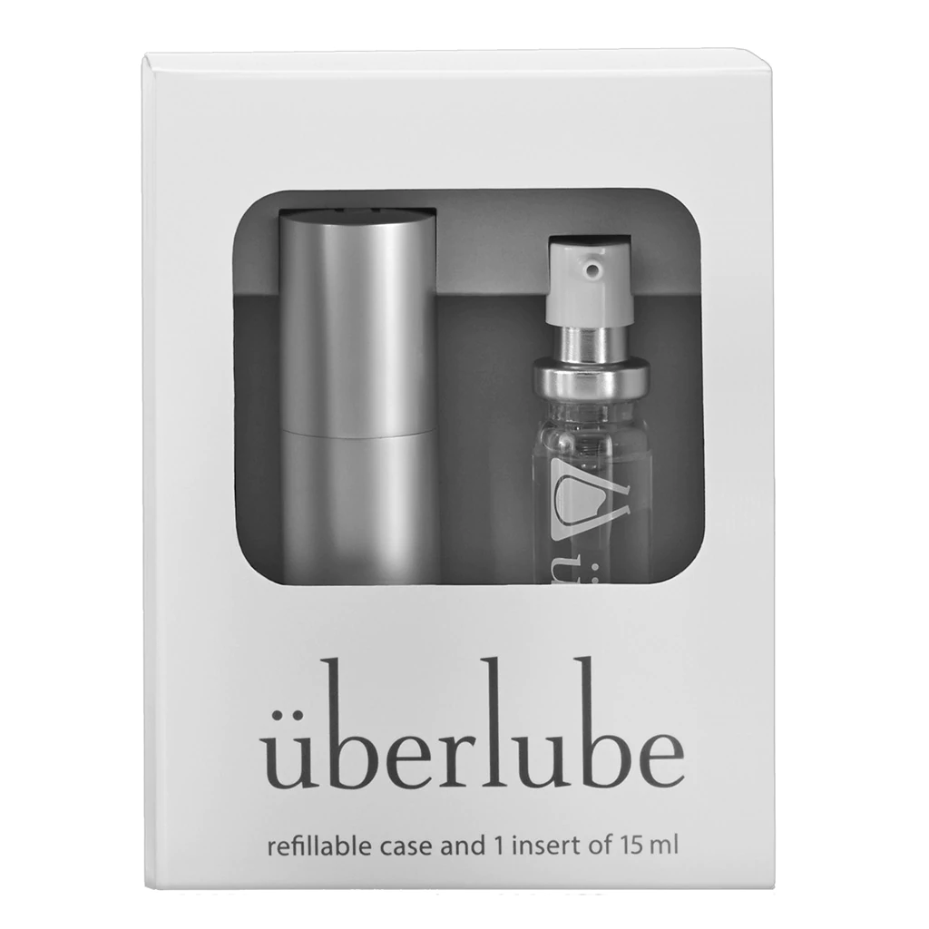 Silver refillable Uberlube case with a small bottle of lubricant.