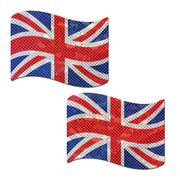 Two glitter Union Jack flag nipple pasties on a white background.