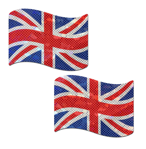 Two glitter Union Jack flag nipple pasties on a white background.