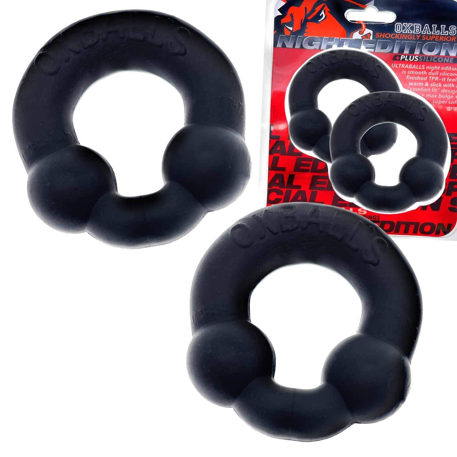 Two black stretchy silicone cock rings with dual nodules.