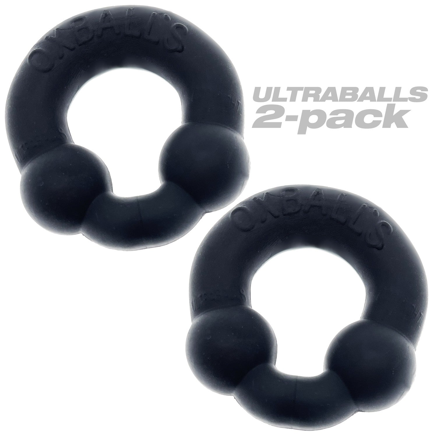 Two black Ultraballs stretchy silicone cock rings with dual nodules.