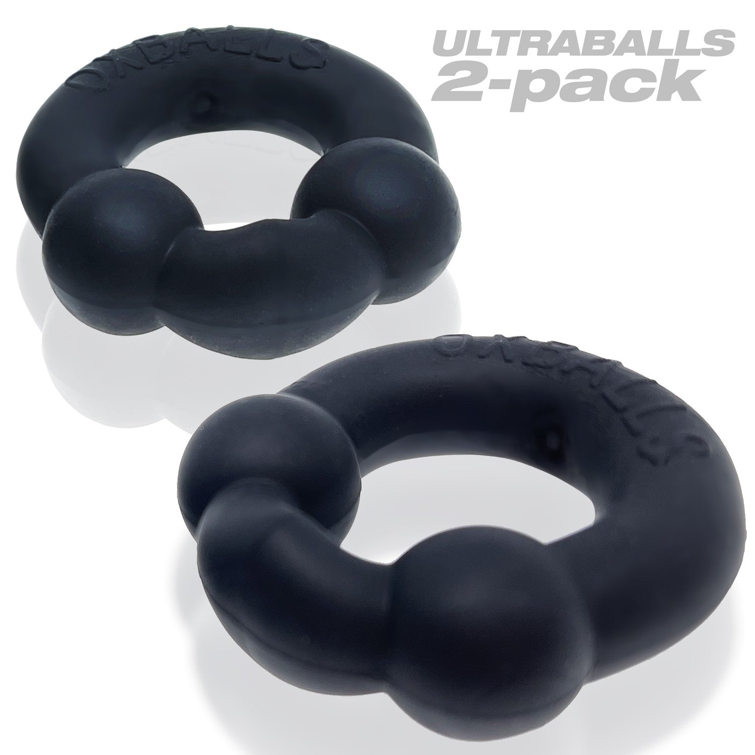 Two black Ultraballs stretchy silicone cock rings with dual nodules.