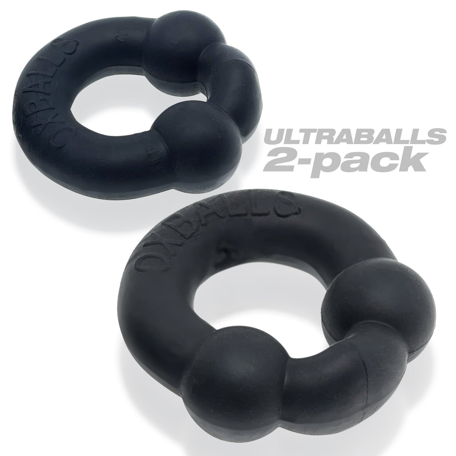 Two black silicone cock rings with dual nodules, labeled Ultraballs 2-pack.