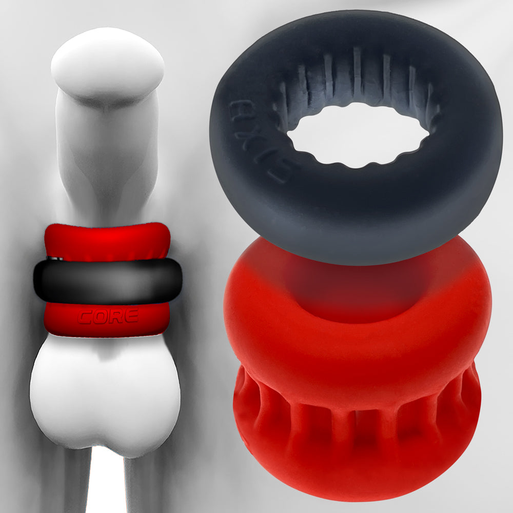 Red and black silicone ball stretcher with a dark grey ring.