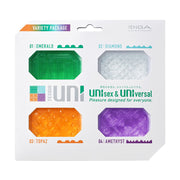 A Tenga Uni Variety Pack featuring four unisex pleasure sleeves in Emerald, Diamond, Topaz, and Amethyst.