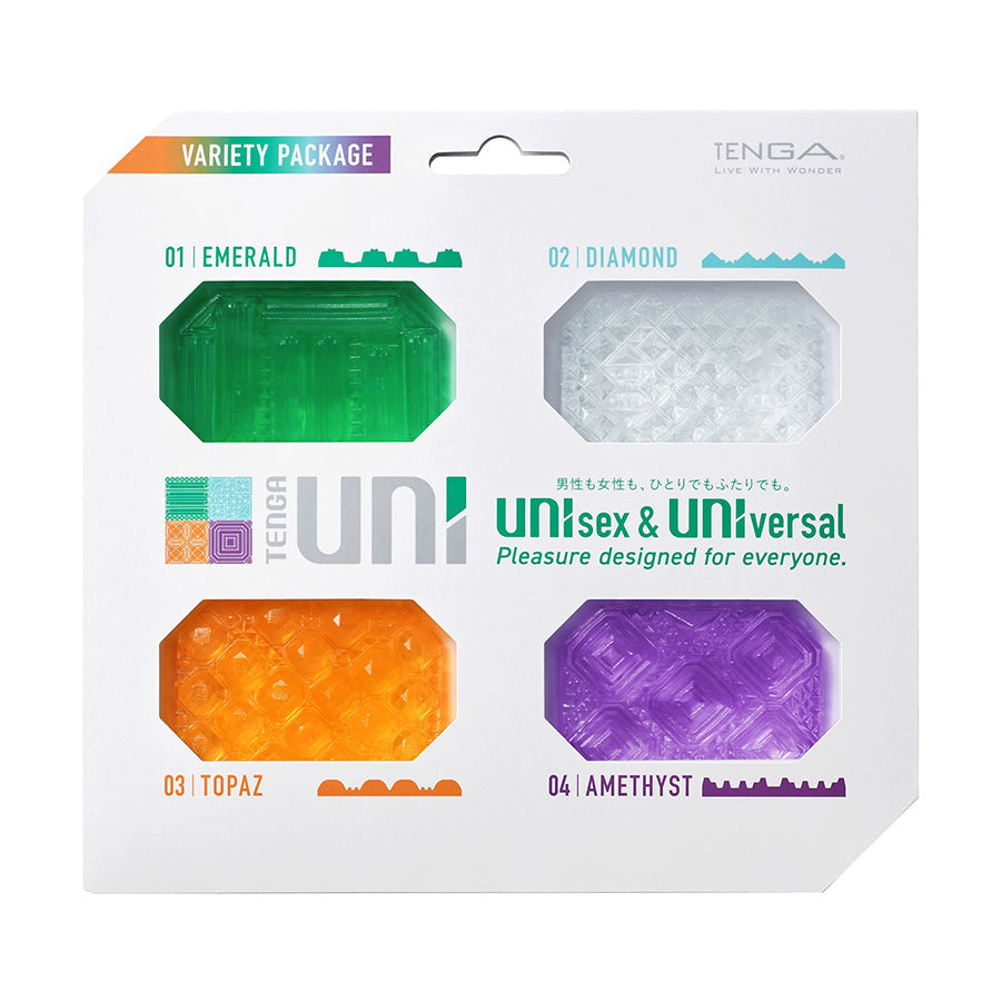 A Tenga Uni Variety Pack featuring four unisex pleasure sleeves in Emerald, Diamond, Topaz, and Amethyst.