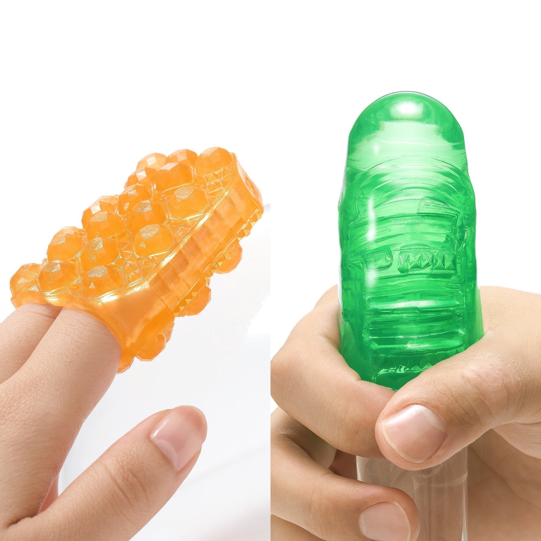 Two textured pleasure sleeves, one orange on a finger and one green held by a hand.