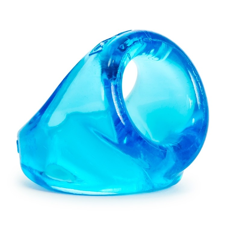 An ice blue ergonomic stretchy cocksling with a prominent bulge.