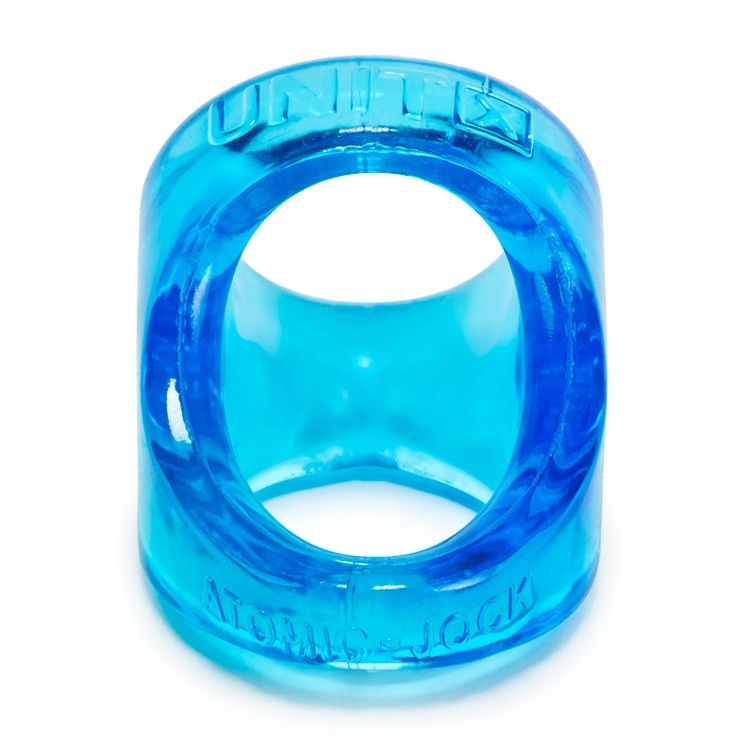 A translucent blue Unit-X cocksling with embossed text.