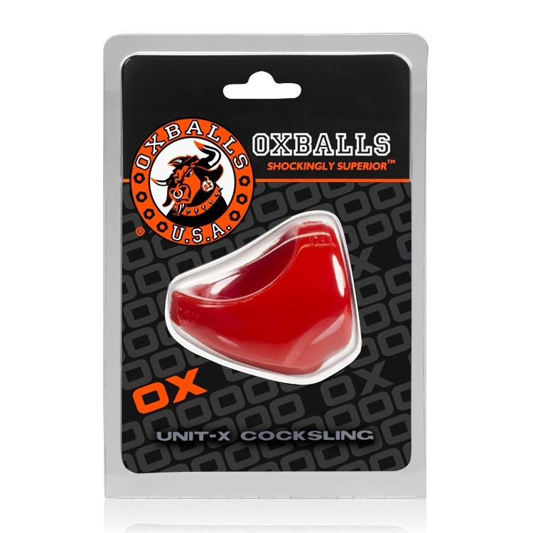 Red Oxballs Unit-X ergonomic stretchy cocksling in packaging.