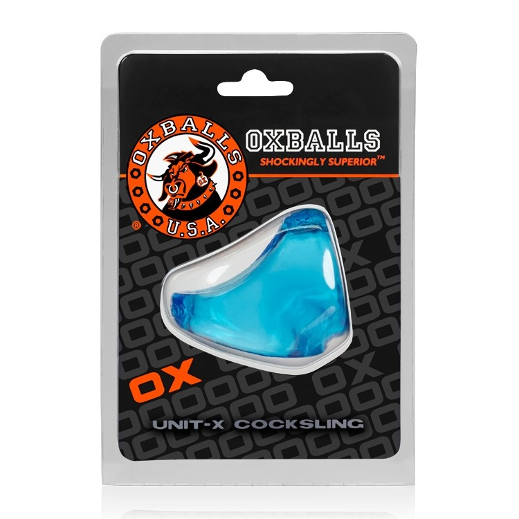 Oxballs Unit-X cocksling in ice blue, packaged for retail.