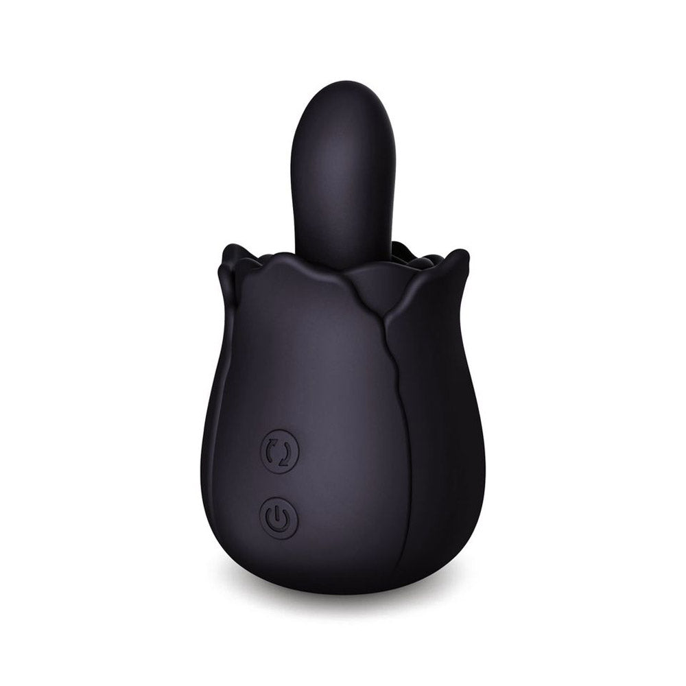 Black rose-shaped vibrating anal toy with two buttons.