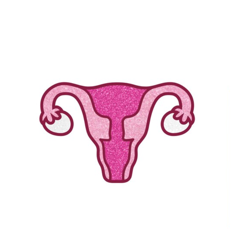 Sparkly pink uterus enamel pin with glitter detail.