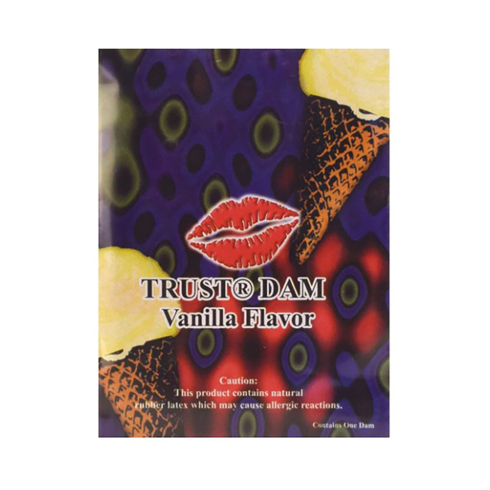 Trusto Dam Vanilla Flavor latex dental dams with a red lip graphic.