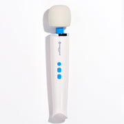 A white Magic Wand Mini massager with a cream-colored head and blue buttons.