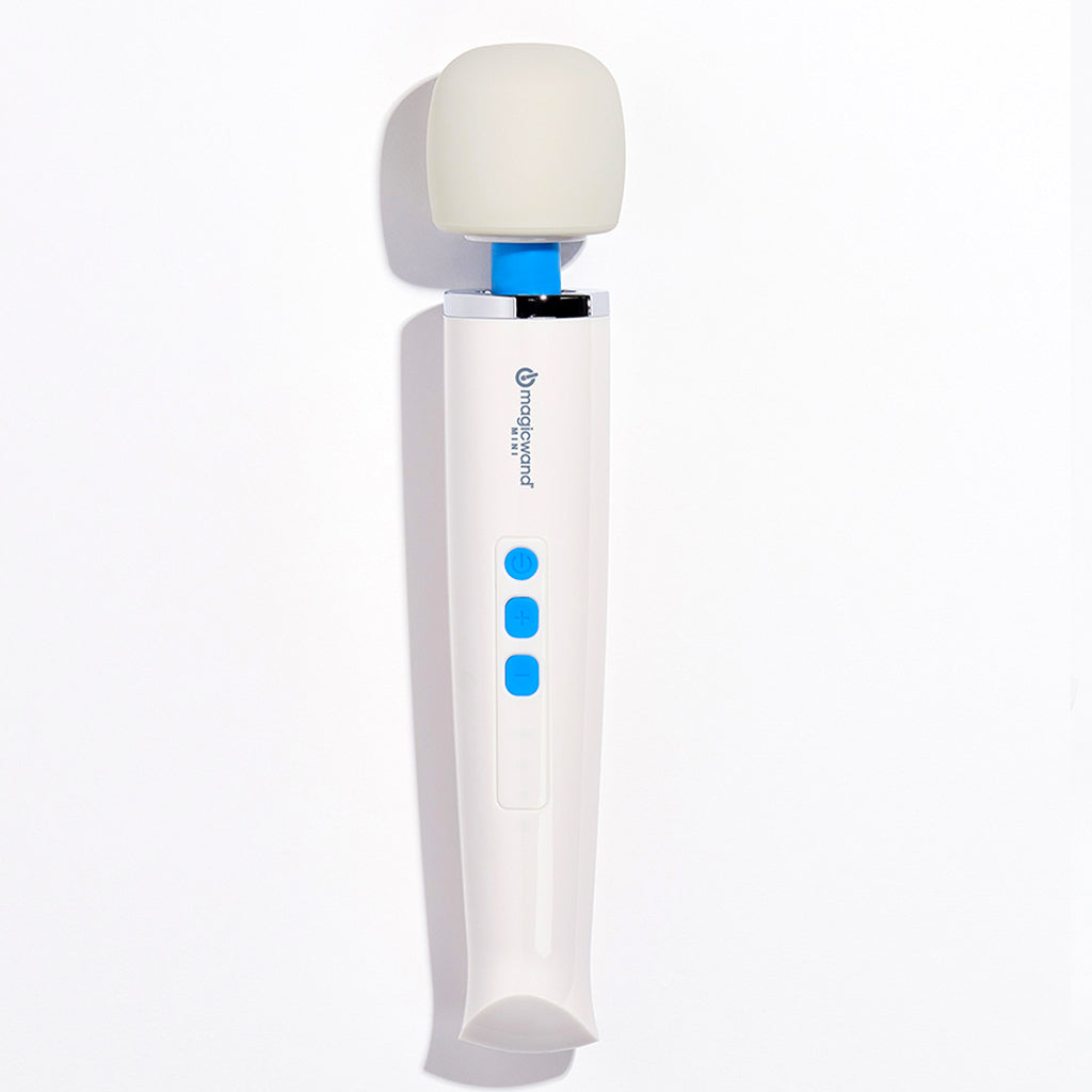 A white Magic Wand Mini massager with a cream-colored head and blue buttons.